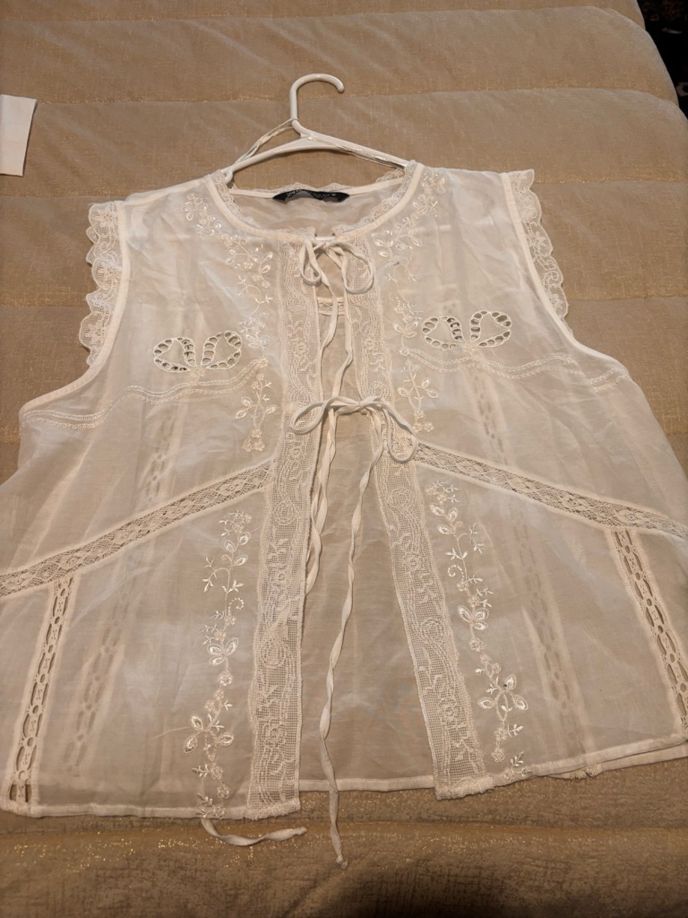 Zara White Lace Tie-Front Embroidered Blouse
